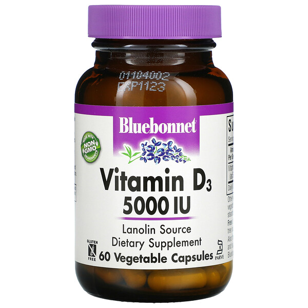 Bluebonnet Nutrition, Vitamin D3, 125 mcg (5,000 IU), 60 Vegetable ...