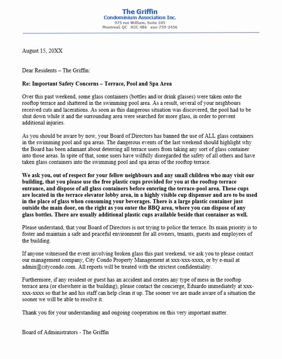 Letter Of Concern for Employee Inspirational Condo Board Letter to Residents About Serious Safety