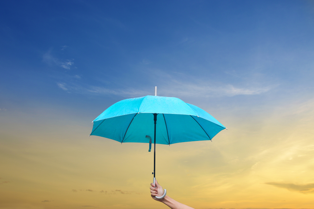 hand holding a blue umbrella up