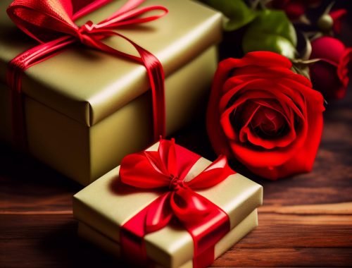 Elegant gift boxes adorned with red ribbon and roses, placed on a wooden background. Perfect for unique marriage anniversary gifts for couples