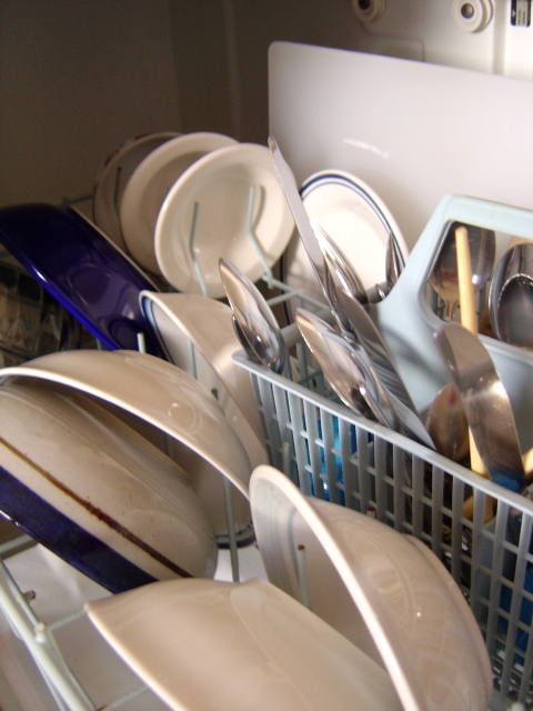 photo of clean dishes in the dishwasher - plates, bowls, silverware