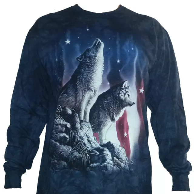 THE MOUNTAIN WOLVES Falling Stars American Flag USA Wolf Long Sleeve T ...