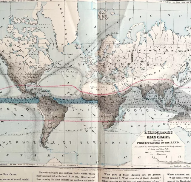 MAP OF THE World 1884 Hyetographic Rain Charts Victorian Lithograph ...