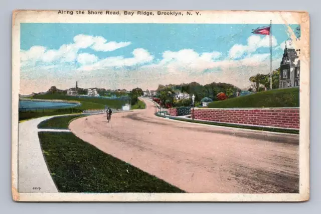 BICYCLIST ON SHORE Road BAY RIDGE Brooklyn NYC Antique Postcard ~1920s ...