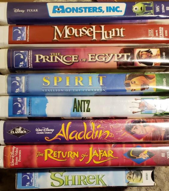 DISNEY PIXAR DREAMWORKS VHS Lot Of 8 Shrek Aladdin Antz Monsters Inc ...