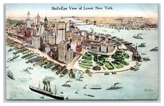 BIRDS EYE VIEW Lower Manhattan New York City NY UNP Unused DB Postcard ...