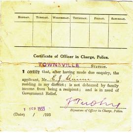 Certificate given to recipients of Intermittent Relief Work during the late 1930s, Townsville, 1933