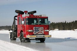 Pierce Manufacturing firetruck driving on ice using its Electronic Stability Control. 