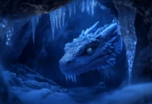 A Dragon with ice blue scales and frost covered wings, emerging from a frozen cavern with a mystical glow, icicles hanging from its jaw as it gazes out into the cold night.