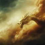 A fierce golden Chinese Dragon emerging from the clouds, its claws outstretched as it flies through a stormy sky, lightning crackling around its scales.