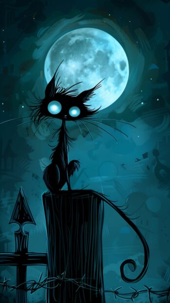 A black cat with glowing eyes perched on a fence under a full moon, Cartoon Halloween Wallpaper.