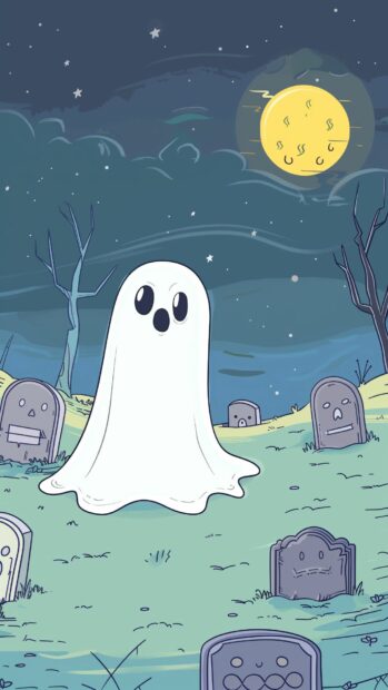 A friendly ghost floating through a moonlit graveyard with smiling tombstones, Cartoon Halloween Wallpaper for iPhone.