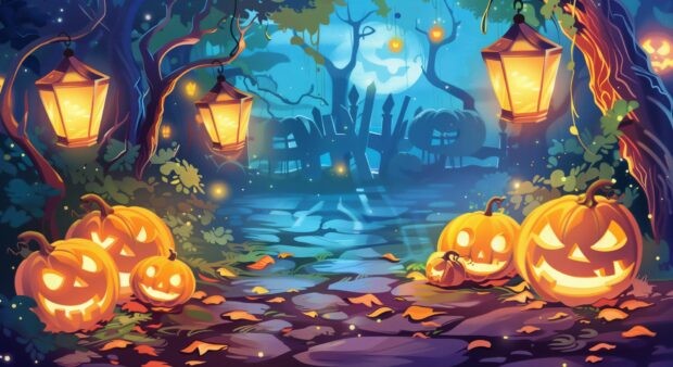 A pumpkin patch filled with cheerful, carved pumpkins and glowing lanterns, Cartoon Halloween Desktop Wallpaper.