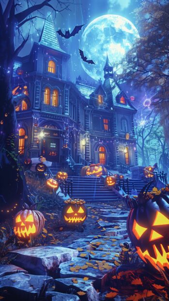 A spooky haunted house with glowing jack o lanterns and bats flying overhead, Cartoon Halloween Wallpaper Mobile.