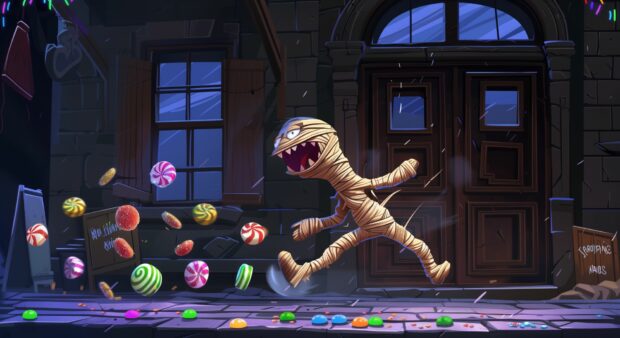 Cartoon Halloween Wallpaper with a mischievous mummy unraveling its bandages while chasing after candy.