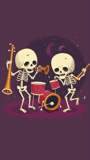 Cartoon Halloween iPhone Wallpaper with adorable skeletons playing musical instruments in a spooky band.