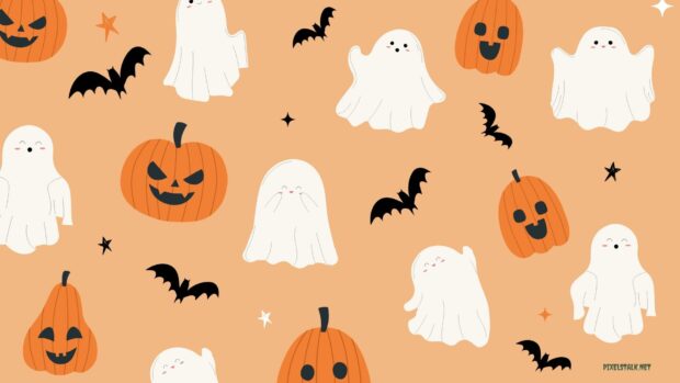 Orange Spooky Cartoon Halloween Wallpaper.