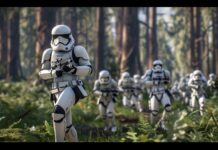 Stormtrooper leading a charge in a forest battle, Star Wars Wallpaper HD Free download.