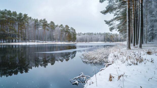 Winter 4K wallpaper with a snow covered lake and reflections.