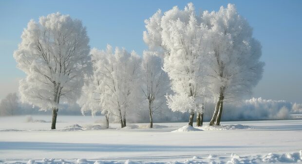 Winter wallpaper with snow covered trees and a clear sky.