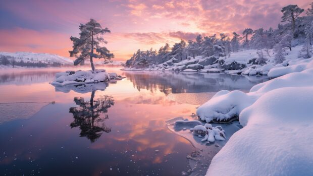 Wintery landscape with pink horizon and white snow.