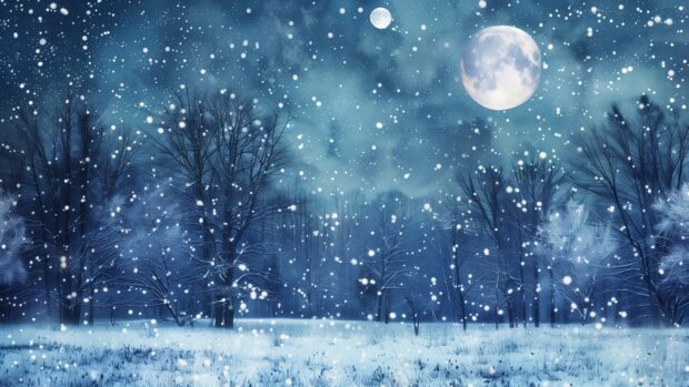 Wonderland Winter Background with sparkling snow under the moonlight.