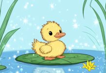 A cute baby duck with fluffy yellow feathers, sitting on a lily pad surrounded by sparkling blue water and cartoon cattails.