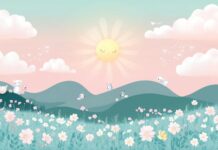 A cute pastel colored landscape 1080p Wallpaper HD featuring fluffy clouds and smiling suns, with adorable animals playing among the flowers.