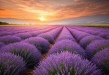 A field of vibrant lavender flowers stretching into the horizon under a glowing golden hour sky, desktop wallpaper 1920x1080 HD.