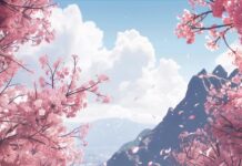 A serene spring morning phone wallpaper with cherry blossom trees in full bloom.