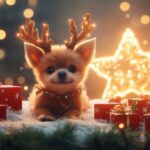 A small puppy with reindeer antlers, surrounded by presents and a glowing Christmas star in the background (3).