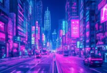 A vibrant Cyberpunk cityscape with towering skyscrapers, neon lights, and bustling streets, all bathed in a neon pink and blue glow.