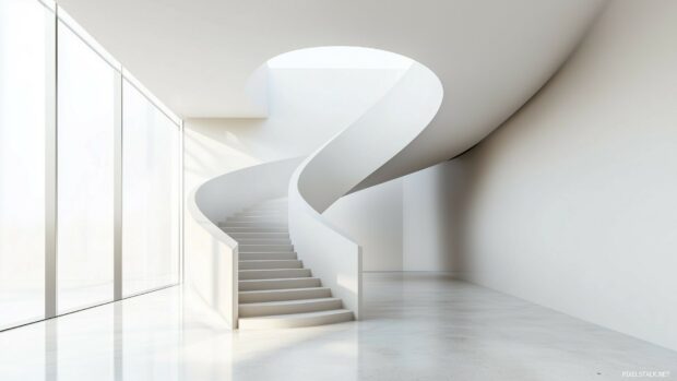 An abstract 3D spiral staircase floating in a minimalist white space, with clean lines and modern design elements.