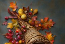 An understated Thanksgiving scene with a single, elegantly rendered cornucopia in soft, muted tones, surrounded by minimalist autumn accents.