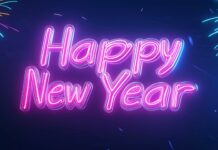 Royal blue background with glowing neon Happy New Year text in vibrant pink and cyan neon colors.