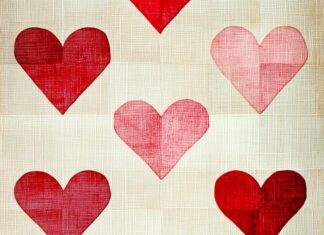 Valentine Day iPhone Wallpaper with a checkerboard pattern of red and pink hearts on a soft beige backdrop for a vintage Valentine look.