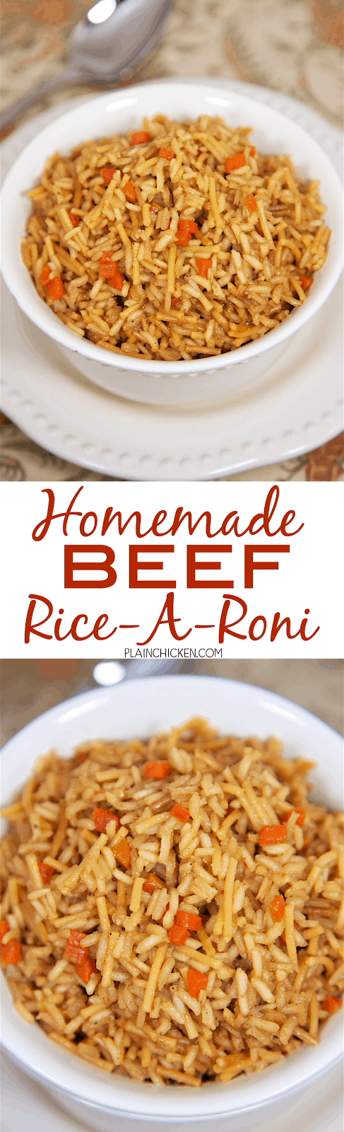 Homemade Beef Rice-A-Roni - never use the boxed stuff again! This looked and tasted just like the real thing! I had to tell my husband that I made the rice from scratch - not a box. Rice, pasta, beef broth, beef bouillon, onion powder, Worcestershire, soy sauce, garlic powder, pepper and chopped carrots. Seriously delicious! We make this all the time - SO much better than the box.