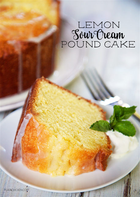 Lemon Sour Cream Pound Cake - the most AMAZING pound cake I've ever eaten! So easy and delicious! Top the cake with a lemon glaze for more yummy lemon flavor. Serve the cake with whipped cream, mint and fresh berries. I took this to a party and everyone asked for the recipe!