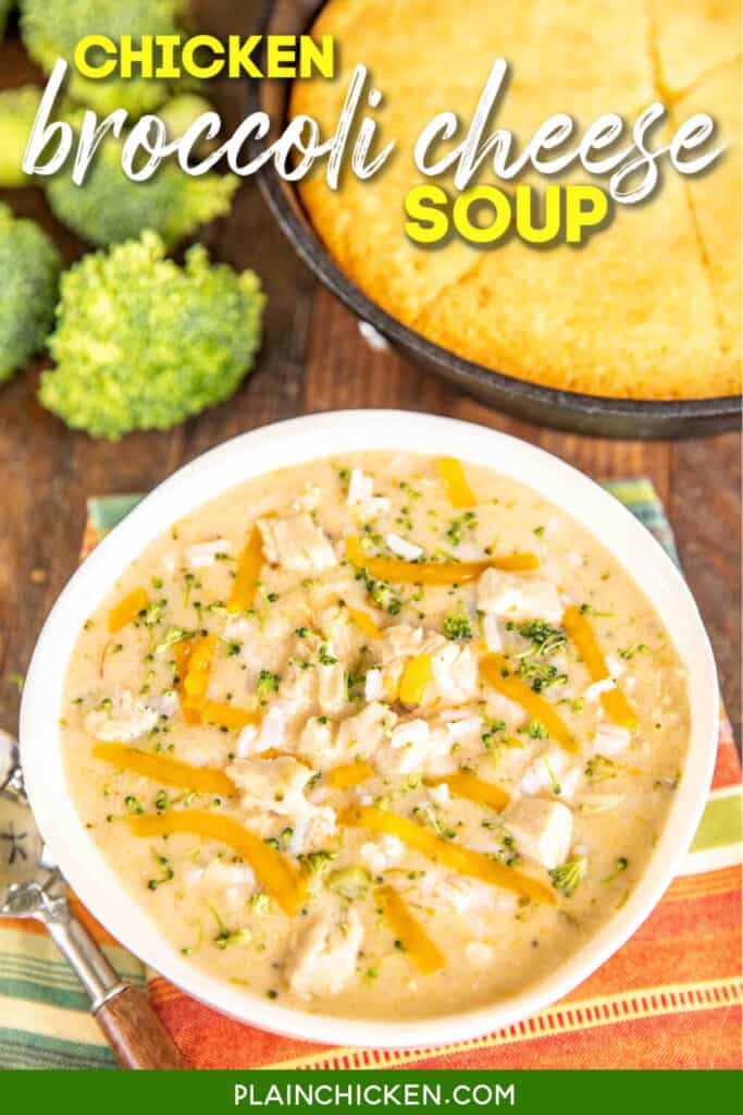 bowl of chicken broccoli cheese soup