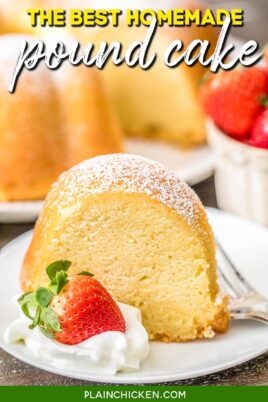 slice of pound cake on a plate topped with whipped cream and strawberries