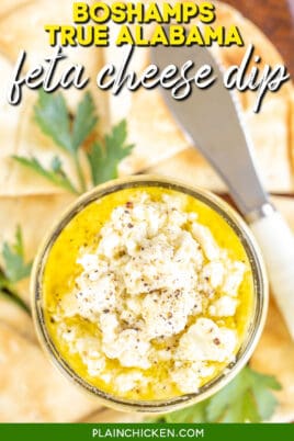 mason jar of feta dip with text overlay