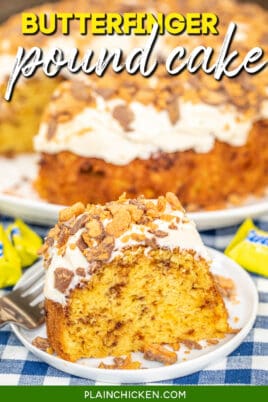 slice of butterfinger cake on a plate with text overlay