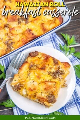 slice of breakfast casserole on a plate with text overlay