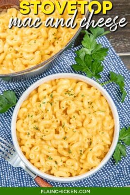 bowl of macaroni and cheese with text overlay