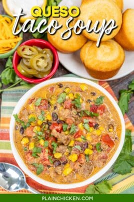 bowl of queso taco soup with text overlay