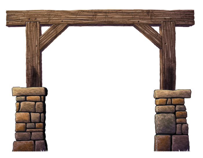 wooden gate, rustic archway, stone pillars, entrance structure, Gate PNG