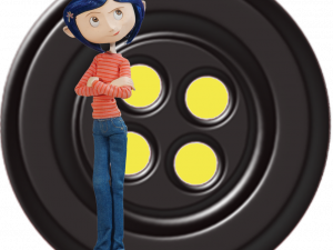 animated character, button design, whimsical art, children's movie, Coraline PNG