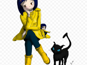 anime girl, black cat, yellow raincoat, whimsical illustration, Coraline PNG