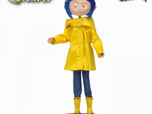 Coraline action figure, NECA collectible, animated character toy, yellow raincoat figurine, Coraline PNG