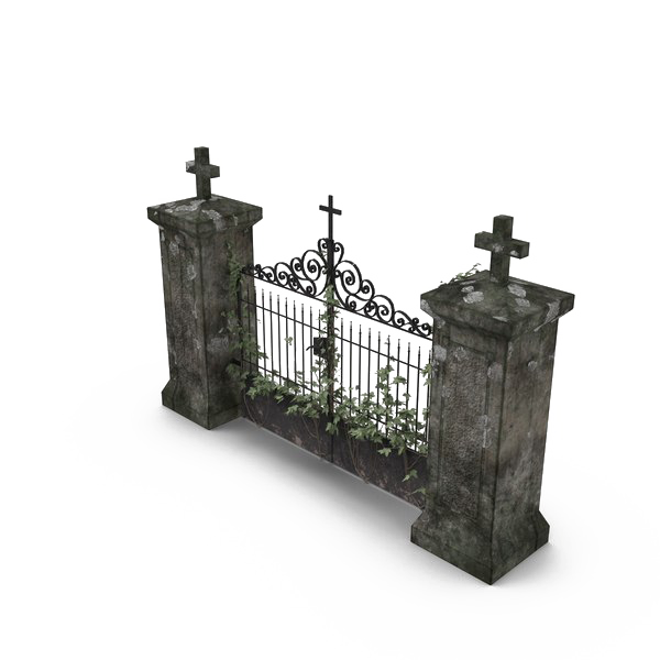 ornate cemetery gate, weathered stone pillars, wrought iron fence, overgrown vegetation